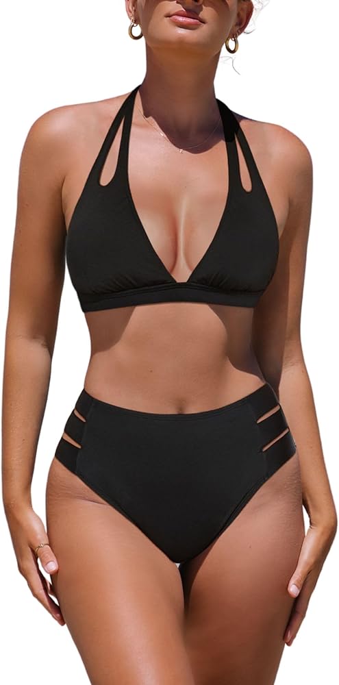 popvil High Waisted Bikini Sets for Women Two Piece Halter Top Swimsuit Tummy Control Bathing Suit