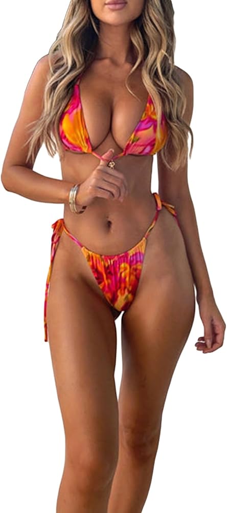 Mxiqqpltky Womens Floral Bikini Two Piece Tie Back Triangle Tops and String Thong Swimsuit Set Bathing Suits