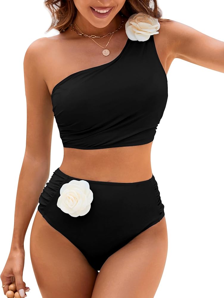 Women One Shoulder Swimsuits High Waisted Tummy Control Bikini Sets 2 Piece High Cut Cheeky Bathing Suit 3D Flower