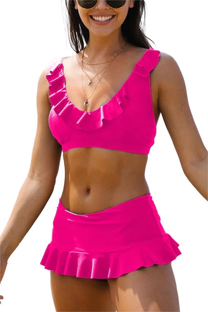 Two-Piece Bikini Set Ruffled Swim Skirt Cute Swimsuit Solid Color Bathing Suit