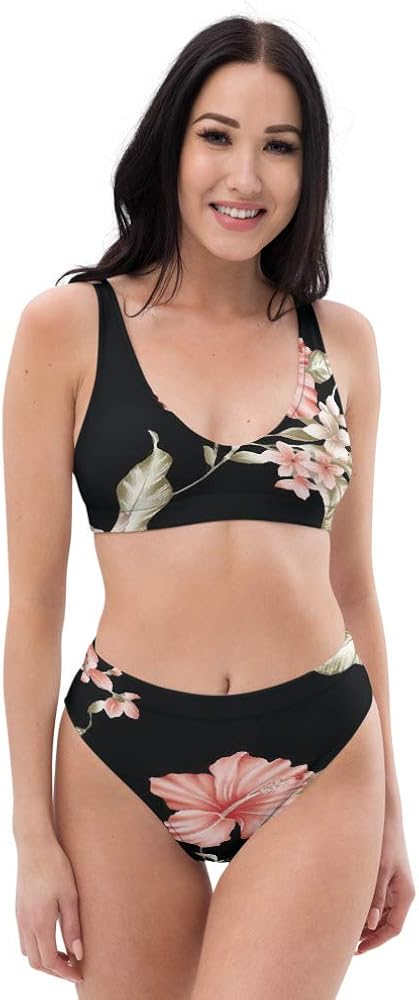 Recycled High Waisted Bikini Set for Women Floret Pink Flowery Floral Black