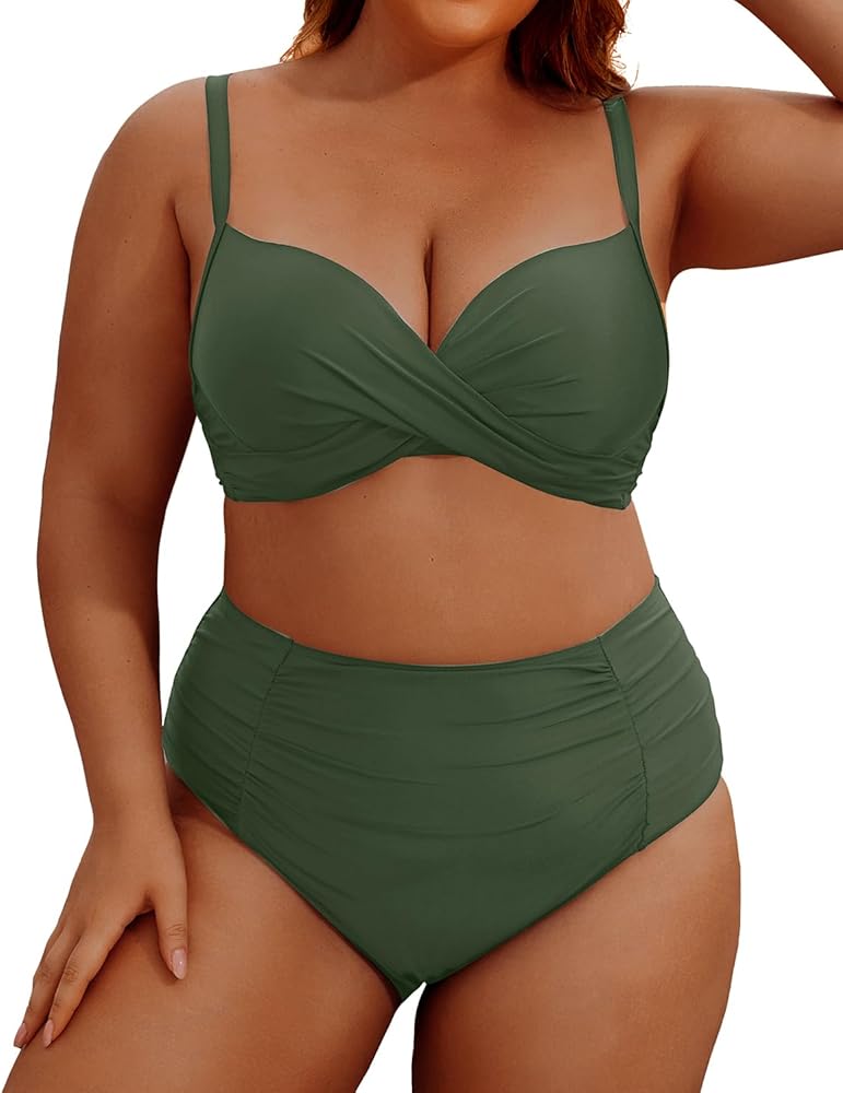 Aqua Eve Women Plus Size Underwire Bikini Two Piece Swimsuit High Waisted Tummy Control Bathing Suit