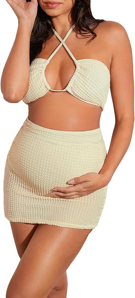 Verdusa Women's Maternity Two Piece Bathing Suit Cut Out Halter High Waist Bikini Sets