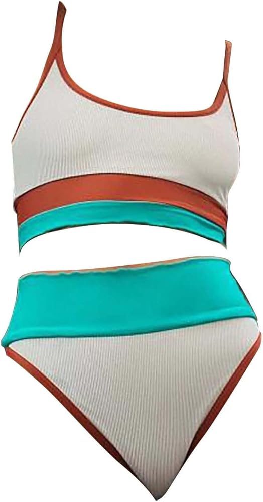 Two High Waisted Bikini Set for Women Cute Color Block Striped Sporty Swimsuit Knit Ribbed Swimsuit Shorts