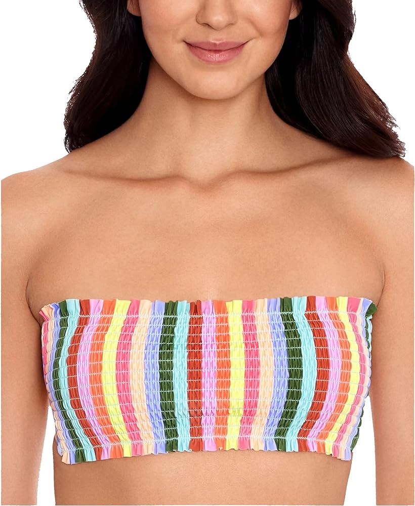 Womens Striped Smocked Swim Top Separates