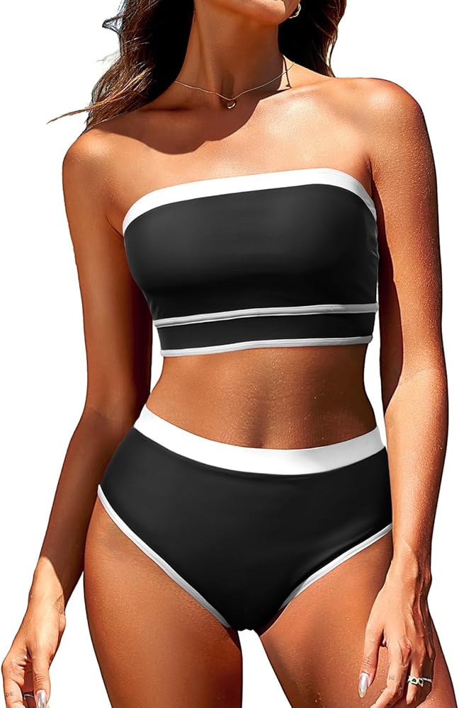 Yonique Bandeau Bikini Women's High Waisted Swimsuit Two Piece Strapless Bathing Suits