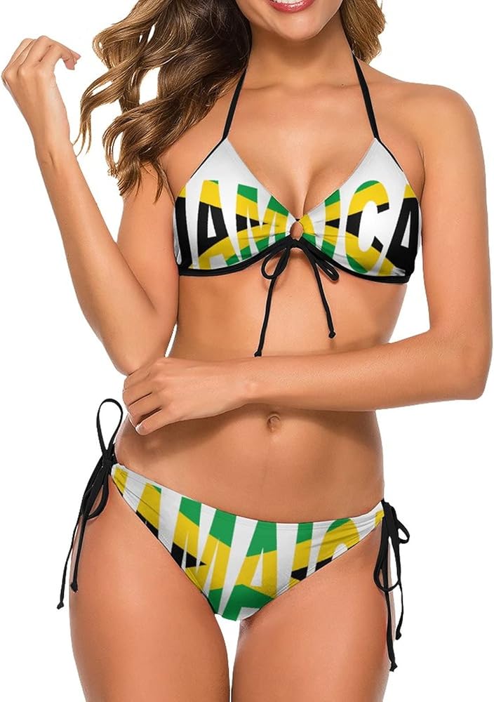 Jamaican Flag Halter Bikini Set,Women Girl Bra Swimsuits 2 Piece Triangle Briefs Sexy Lace Up Swimwear