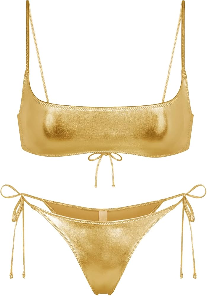 Womens Metallic Scoop Bikini Sets - Sexy Two Piece Summer Glitter String Swimsuit Silver Gold Micro Top Tie Side Thong