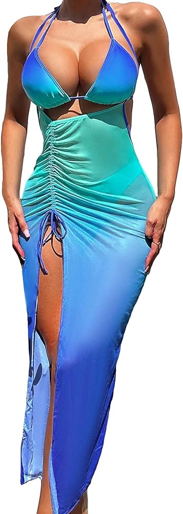 WDIRARA Women's 3 Pieces Swimsuits Ombre Halter Triangle Bikini Set Beach Bathing Suit with Split Cover Up