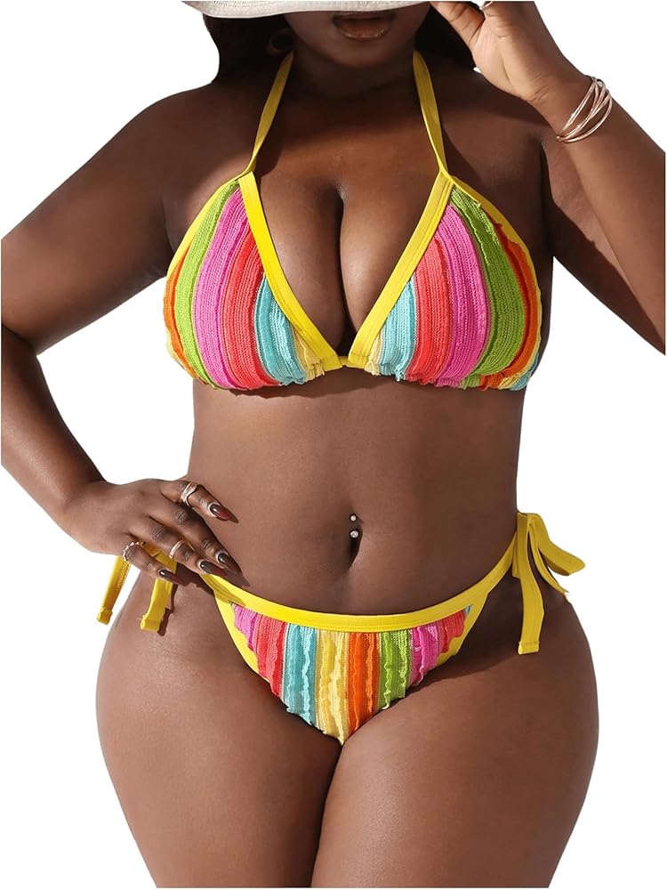 Floerns Women's Plus Size Bikini Sets Striped Print Triangle Halter Tie Side Swimwear