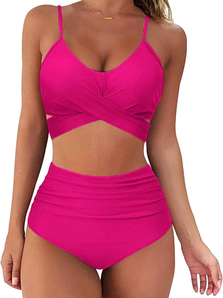 High Waisted Bikini Push Up Bandage Tummy Control Swimwear High Waisted Leg Two Pieces Swimsuit Sets for Women Juniors