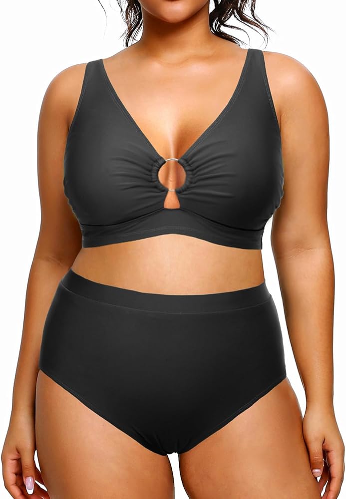 Tempt Me Women Plus Size High Waisted Bikini Sets Two Piece Swimsuits O Ring Cutout Tummy Control Bathing Suits