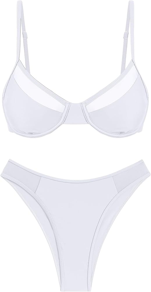 ZAFUL Women Underwire Bikini Set Push Up Mesh Bikini Tie Back Cheeky Swimsuit High Cut 2 Piece Bathing Suit