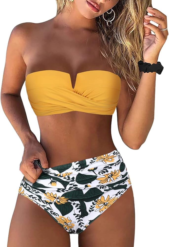 Hilor Bandeau Two Piece Bathing Suits for Women with Strap Retro High Waisted Swimsuits Sexy Push Up Bikini Swimwear