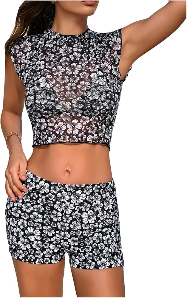 SOLY HUX Women's Floral Print Halter Top and Shorts Bikini Bathing Suits 3 Piece Swimsuit with Cover Up Top