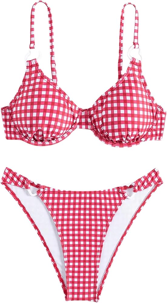 Floerns Women's 2 Piece Plaid Print String Underwire Triangle Swimsuit Bikini Sets