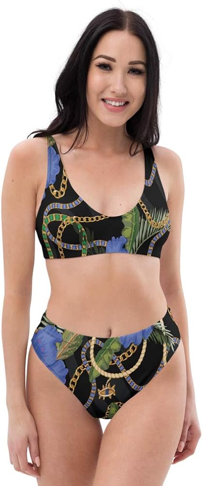 Recycled High Waisted Bikini Set for Women Blue Flower Zebra Stripe Black