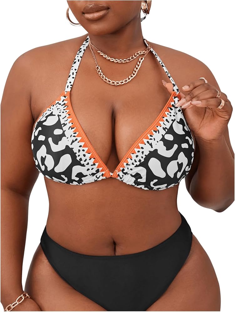 SOLY HUX Women's Plus Size Swimsuit Top Leopard Print Halter Triangle Bikini Top