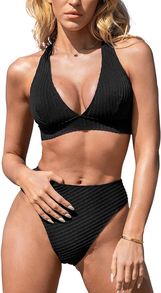 CUPSHE Women's Bikini Sets Two Piece Bathing Suit Deep V Neck Ribbed Crisscross Wide Straps Mid Rise Cheeky Bottom