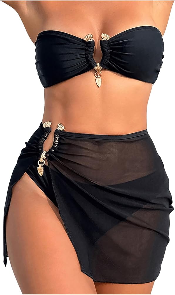 SOLY HUX Bikini Sets for Women 3 Piece Swimsuit Bandeau Bathing Suit with Beach Skirt