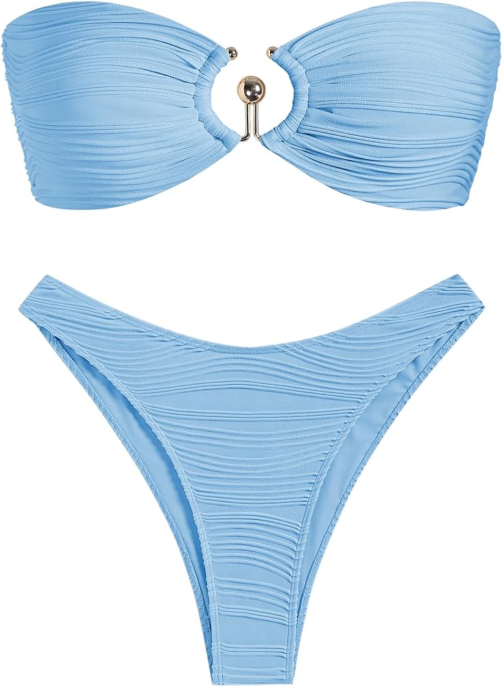 ZAFUL Womens Two Piece Swimsuit Sets Strapless Bandeau Suitable for Teens Summer Vacation Two Piece Swimsuits Light Blue S