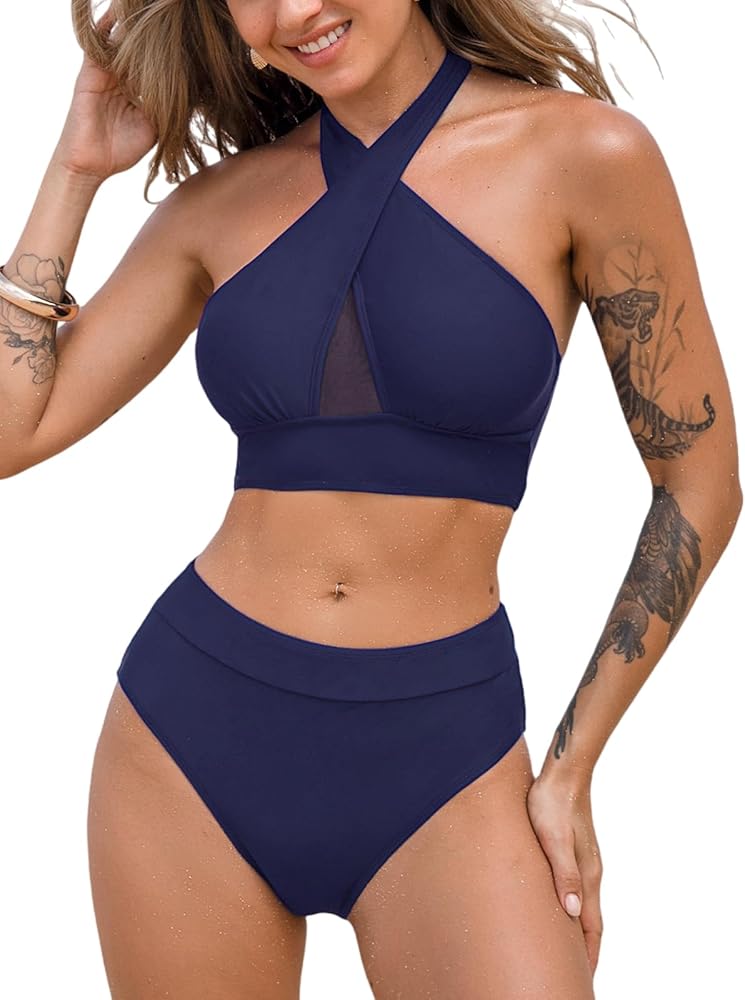 CUPSHE Women's Bikini Sets Two Piece Swimsuit High Waisted Crisscross Halter Neck Mesh Cutout