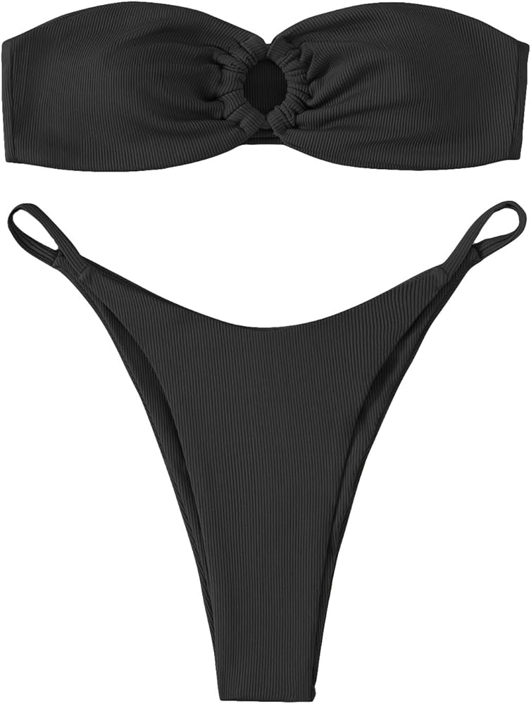 SweatyRocks Women's 2 Piece Swimsuit Ring Linked High Cut Strapless Bandeau Bikini Set