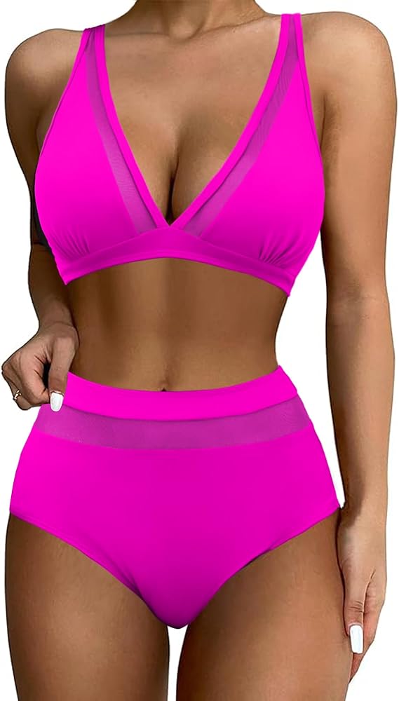 Honlyps Women High Waisted Bikini Sets Mesh Tummy Control Bathing Suit Teen Girls Two Piece Swimsuits Full Coverage Bottom