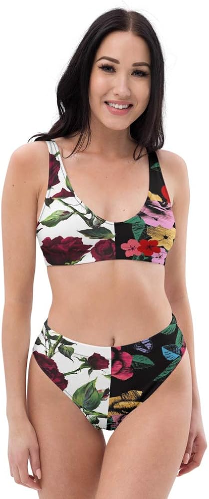 Recycled High Waisted Bikini Set for Women Half White Livid Black Floral Rose