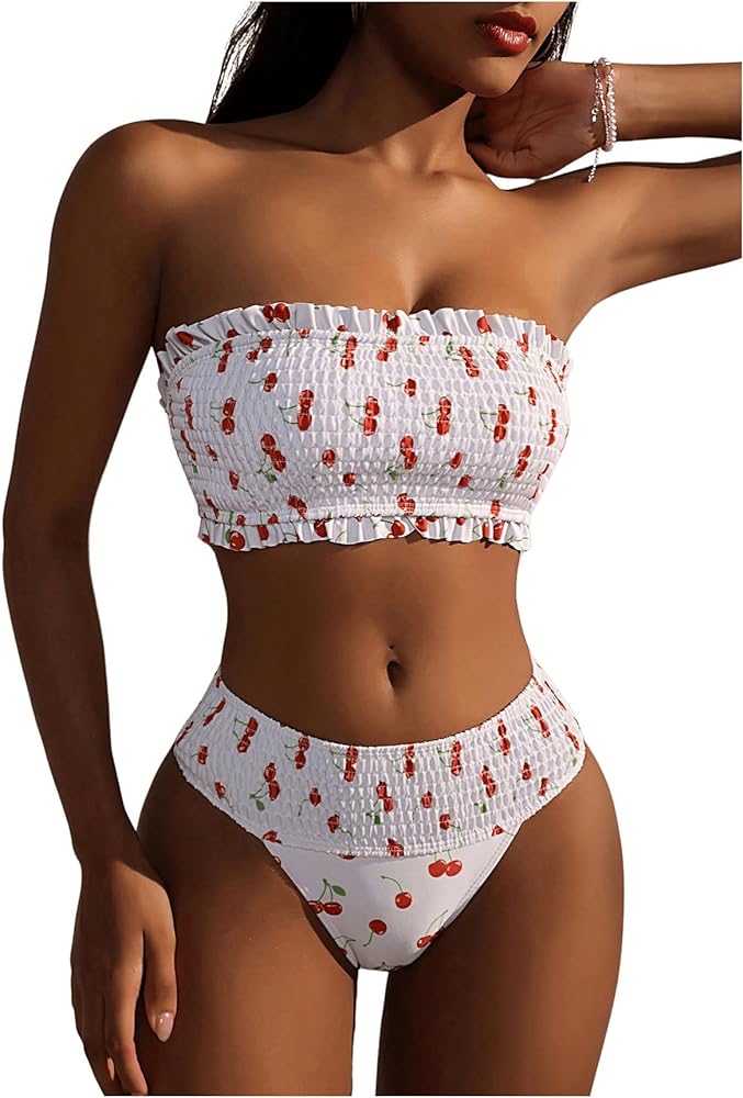 WDIRARA Women's 2 Piece Fruit Print Frill Trim Bandeau Bikini Set High Waist Cute Summer Swimwear Sets