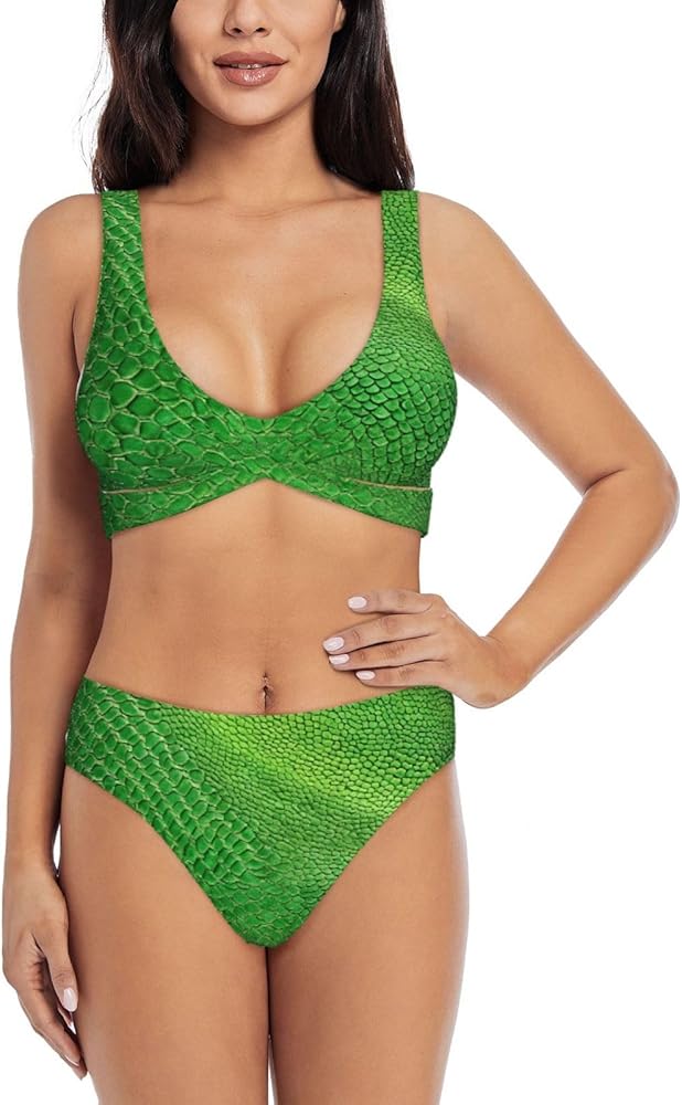 Green Snakeskin Print Bikini Set for Women Soft, Stretchy, and Stylish Swimwear for Beach Pool, and Vacation