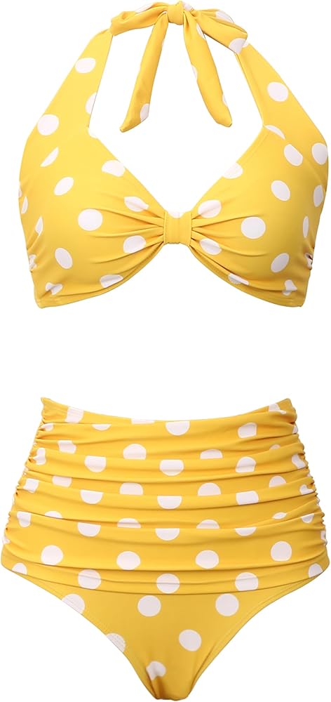 Honlyps Retro High Waist Swimsuit for Women Halter 2 Piece Bathing Suit Ruffle Bikini Set Tummy Control Dots Push Up Tankini