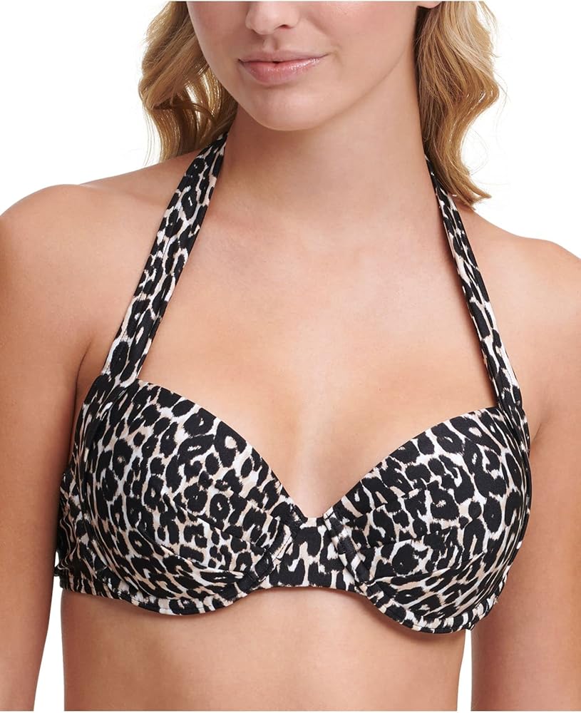 Calvin Klein Women's Black Animal Print Stretch Pleated Molded Cup Halter Bikini Top XL