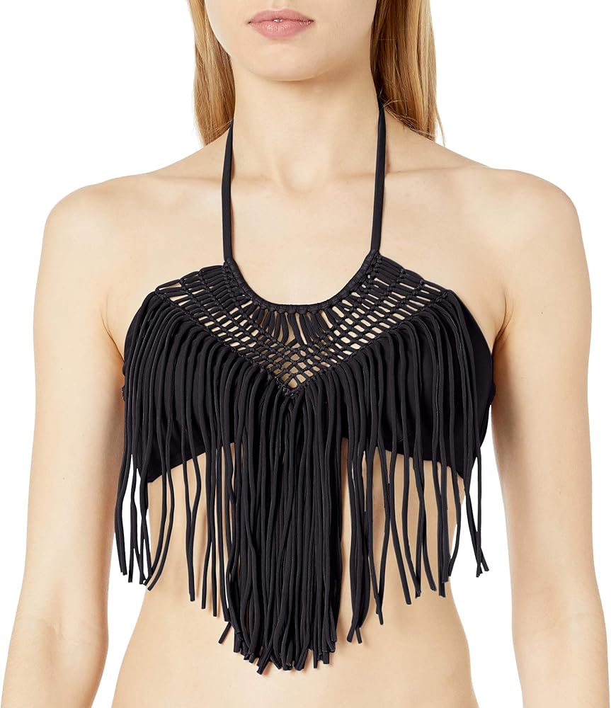 Luli Fama Women's Standard Heart of A Hippie Weave Fringed Halter Bikini Top