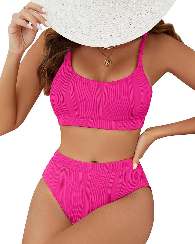 Women Ribbed Swimsuits Two Piece Tummy Control Bathing Suits High Waisted Bikini Sets Push Up Top Coverage Bottom