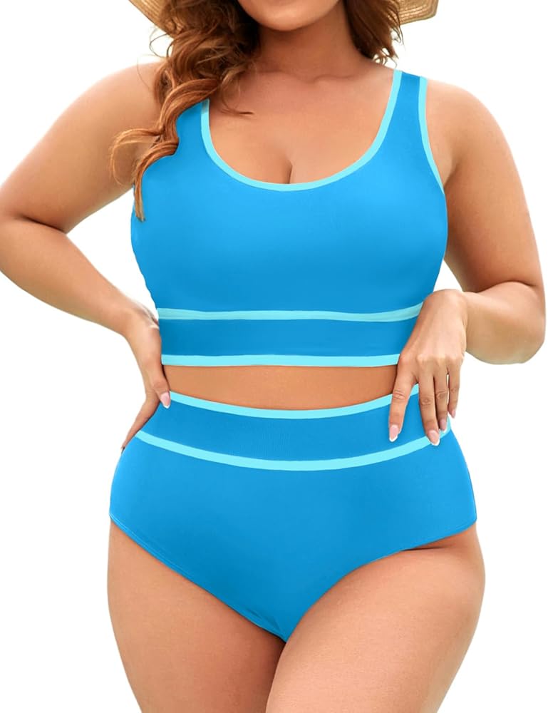 Aqua Eve Plus Size High Waisted Bikini Sets Two Piece Color Block Swimsuits Full Coverage Bikini Sporty Bathing Suits