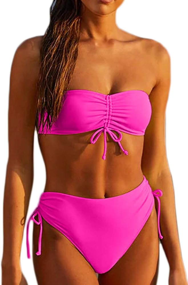 Women's Ruched Tie Bandeau Bikini Sets High Waist Two Piece Swimsuits