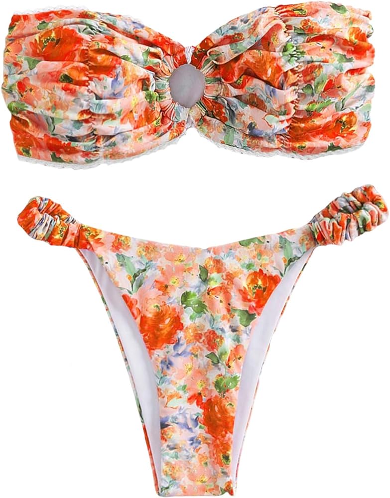 GORGLITTER Women's Floral Swimsuit Strapless Bandeau High Cut Thong Bikini Set Bathing Suit