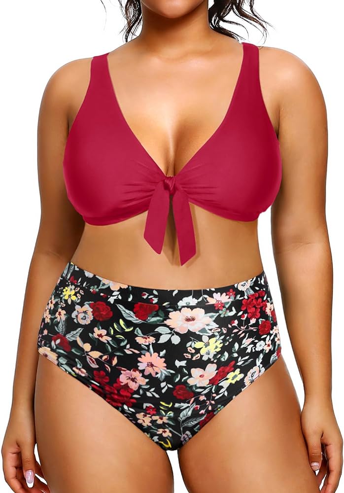 Yonique Women Plus Size Two Piece Swimsuits High Waisted Bikini Set Tie Knot Bathing Suits Tummy Control Swimwear