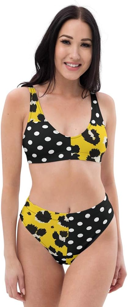 Recycled High Waisted Bikini Set for Women Jet Black Yellow Polka Dots Leopard