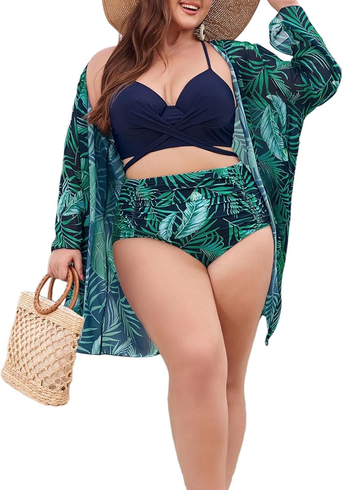 Hanna Nikole Women Plus Size 3-Piece-Bikini-Sets Criss Cross Push Up High Waisted Swimsuit with Kimono Cover Ups