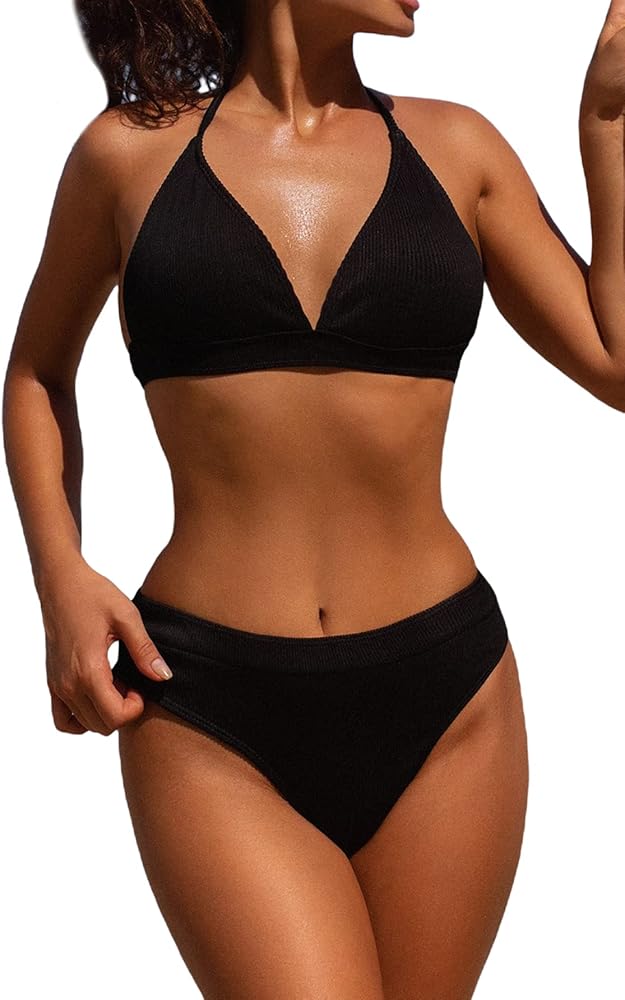 MakeMeChic Women's Plain 2 Piece Bathing Suits Ribbed Halter Triangle High Waisted Bikini Swimsuit