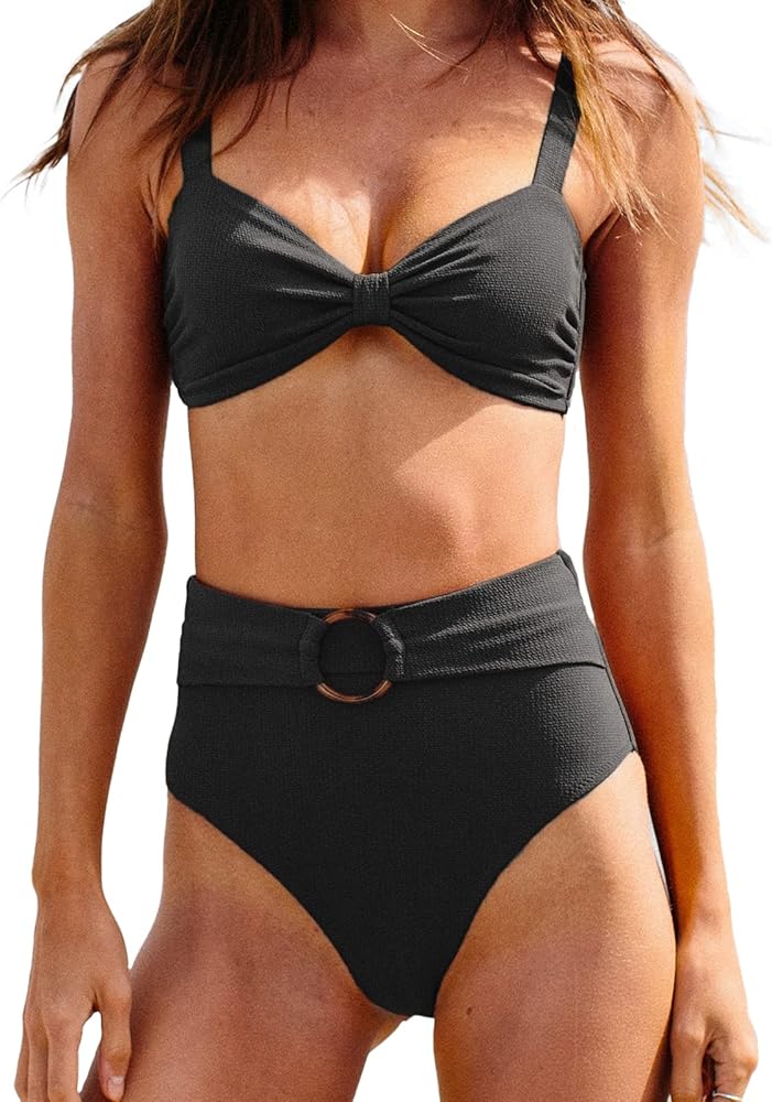 CUPSHE Women's Bowkont Front Bikini Set Tummy Control High Waisted Belted Bathing Suit