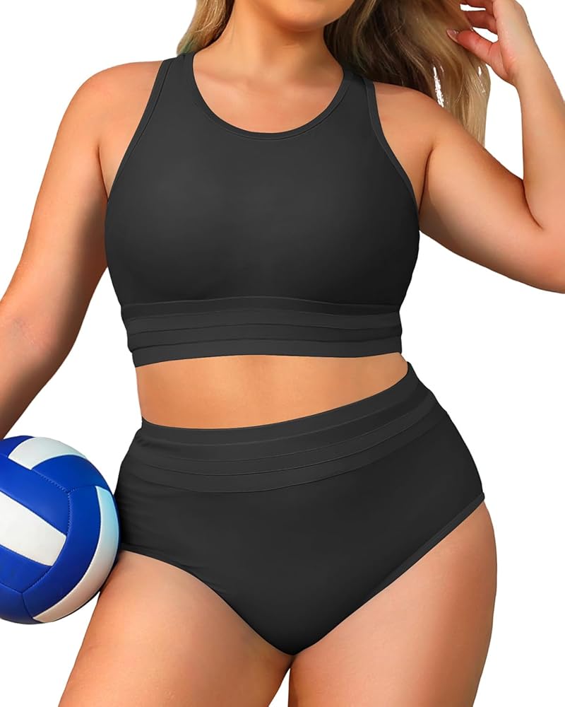 Yonique Plus Size High Waisted Bikini Sets Two Piece Color Block Swimsuits High Neck Racerback Bikini Sporty Bathing Suits