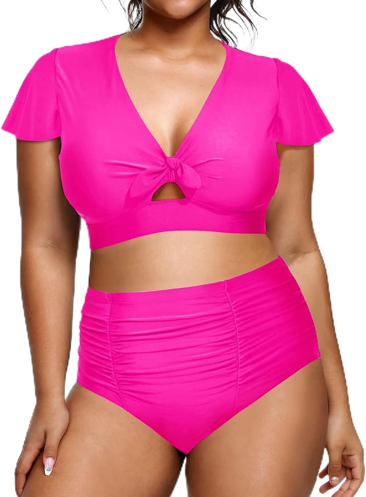 Yonique Womens Two Piece Plus Size Bikini Set High Waisted Swimsuits Tummy Control Bathing Suits Short Sleeve Swimwear