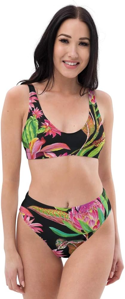 Recycled High Waisted Bikini Set for Women Floret Green Blossomy Flower Black