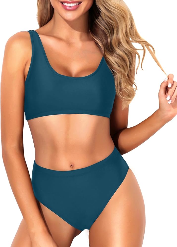 Tempt Me Women Two Piece Scoop Neck Bikini Crop Top Swimsuit Sporty High Waisted Bathing Suit