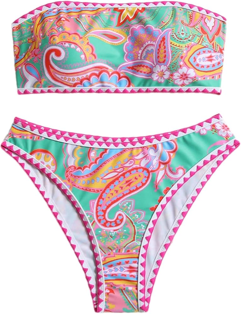 SHENHE Women's Strapless Bandeau Swimsuit Floral Paisley Boho 2 Piece Bikini Set