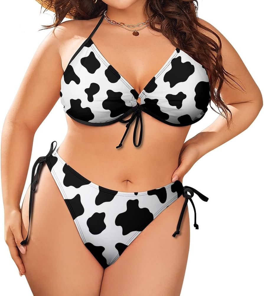 Women's Halter Padded Top Tie Side Bottom Swimsuit Cow Print 2 Piece Plus Size Bikini Bathing Suits