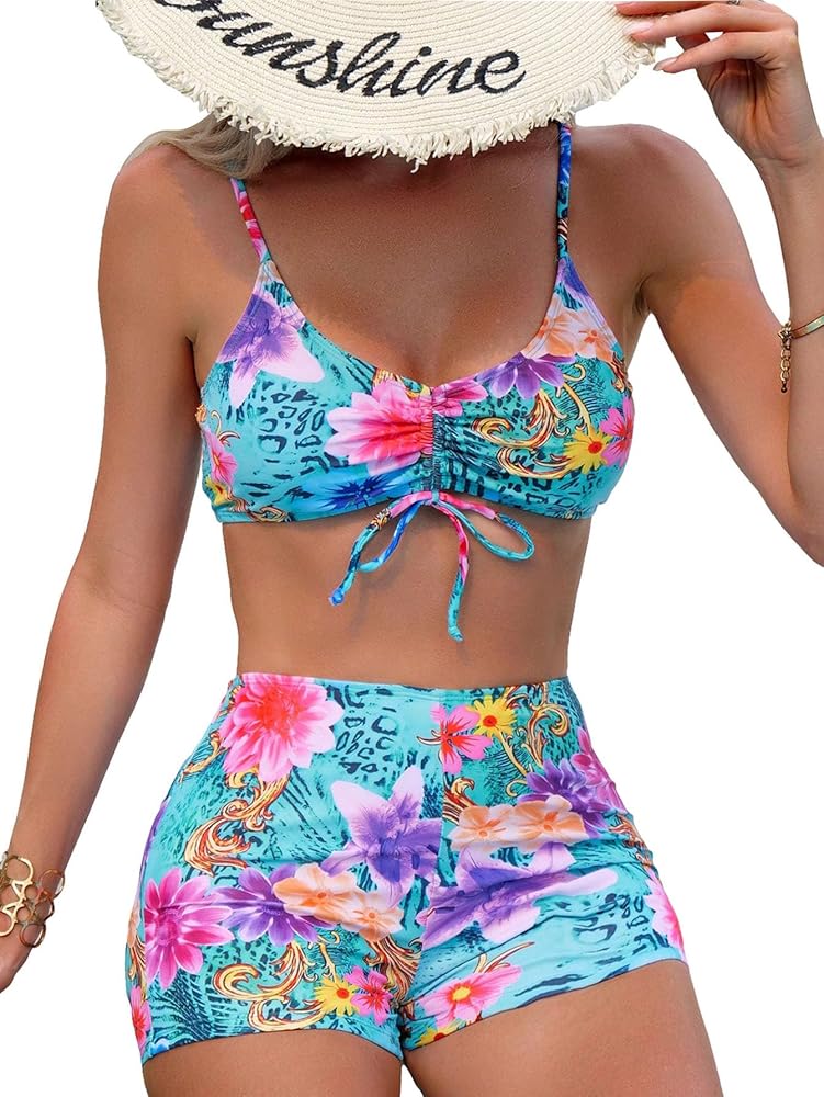 Floerns Women's Tie Dye Ruched Bikini Sets 2 Piece Bathing Suit High Waist Swimsuit with Shorts